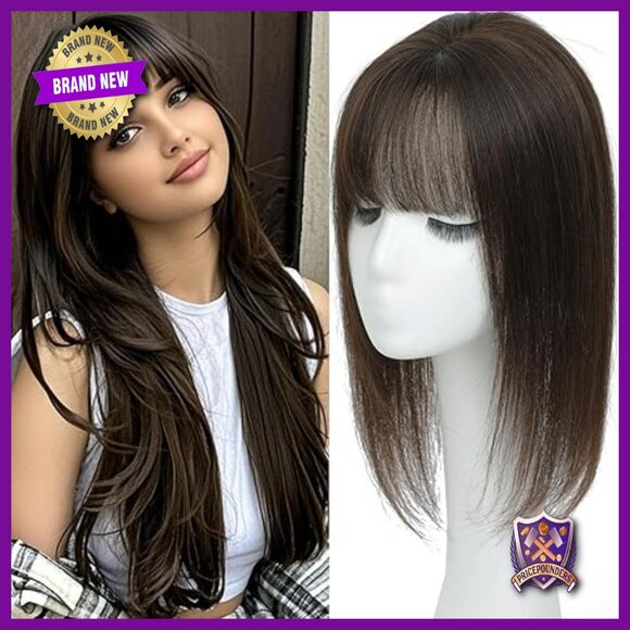 Real Human Hair Topper with Clip-in Bangs for Thinning Crown, 14 Inch